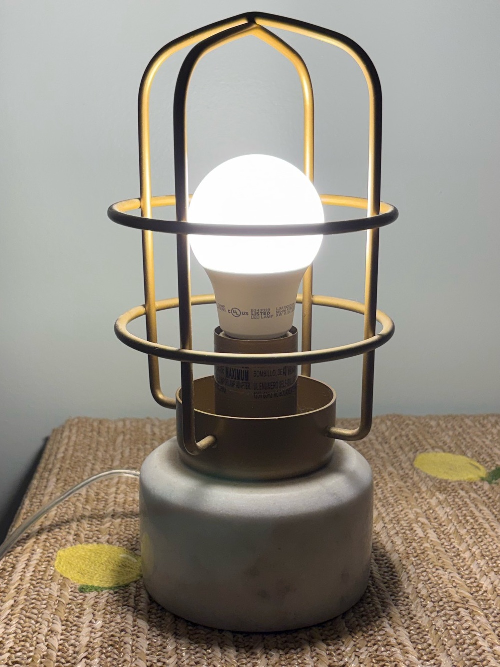 Handsome Industrial Desk Lamp Gold Wire Cage Guard Faux Marble Base Accent Light